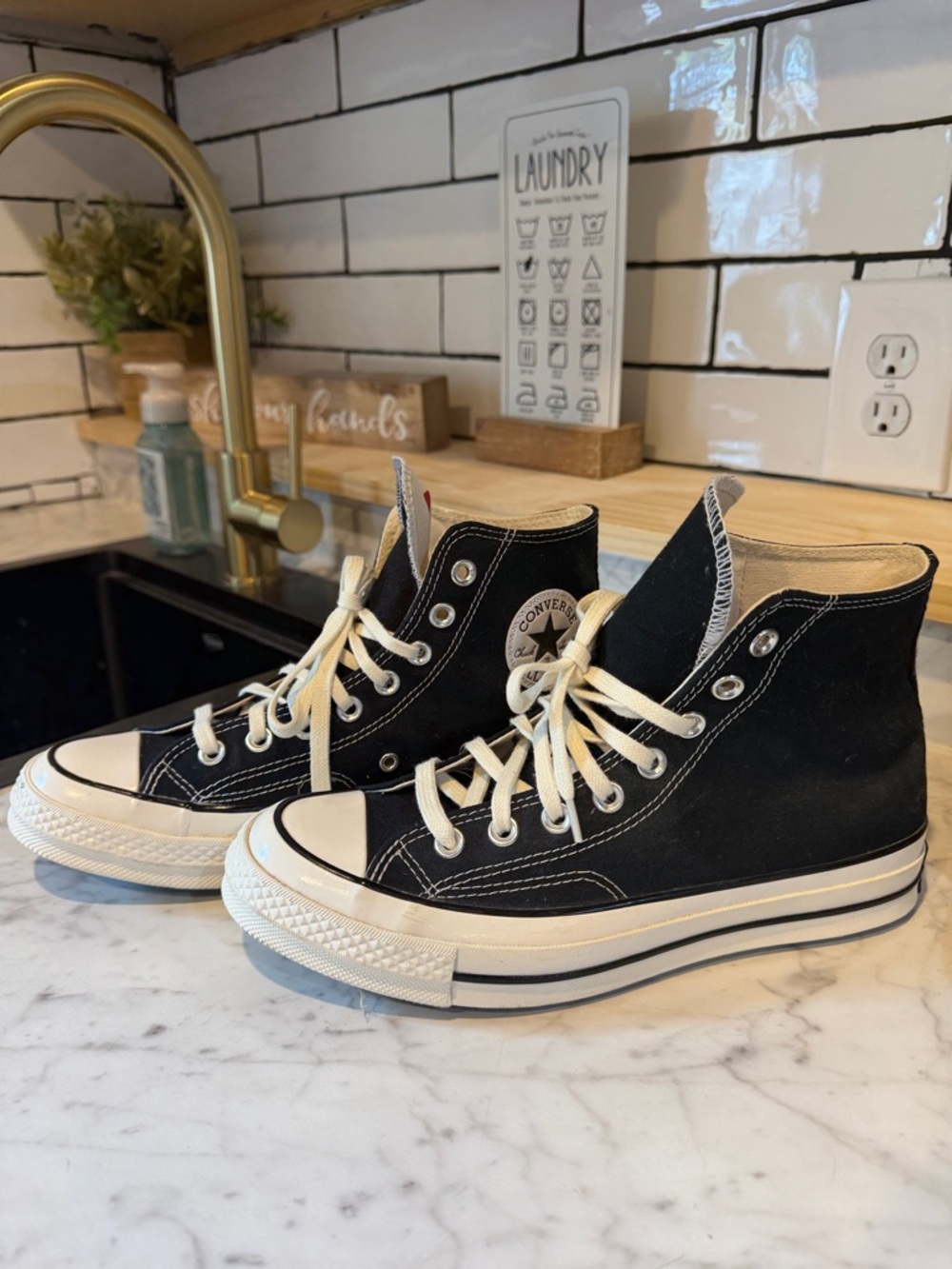 Converse Black and Cream High Top Sneakers - Picture 2 of 5